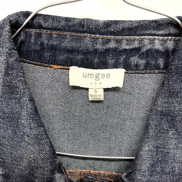 Umgee Denim Plaid Green Blue .Ruffle Hem Cropped Raw Hem Denim Jacket Small - Picture 7 of 7